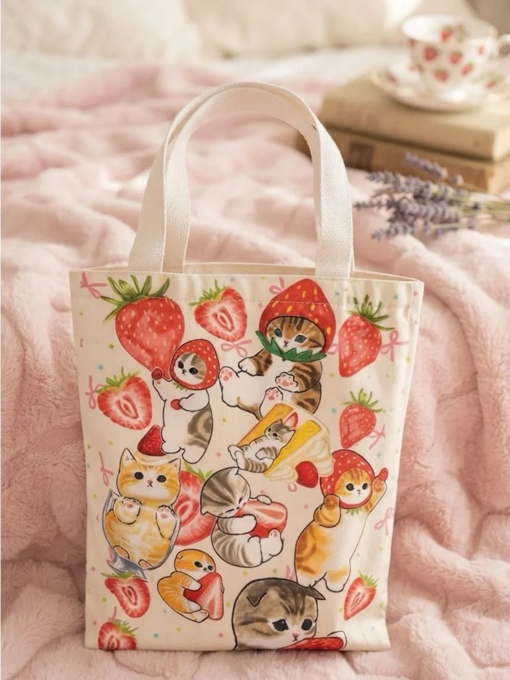 Canvas Strawberry Cats Small Pet Tote Bag - Cream